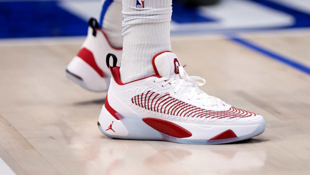 White and crimson Jordan Luka shoes.